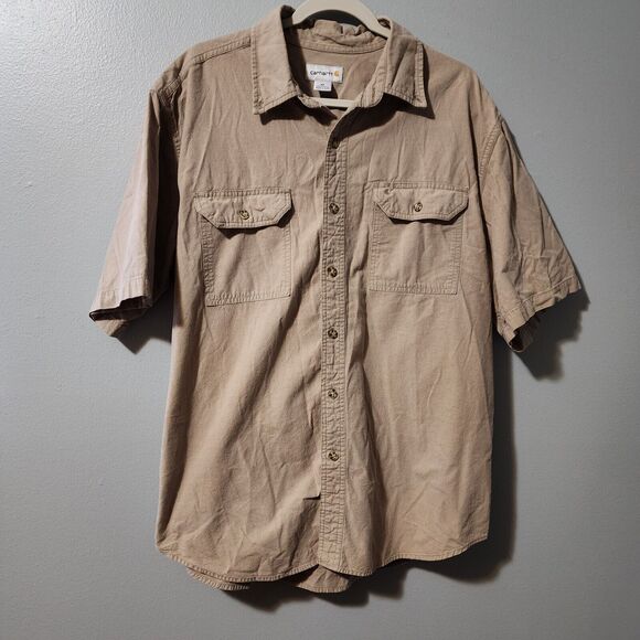 CARHARTT Button Down Shirt Men's XL Beige Workwear Short Sleeve Collared Cotton - Picture 1 of 6